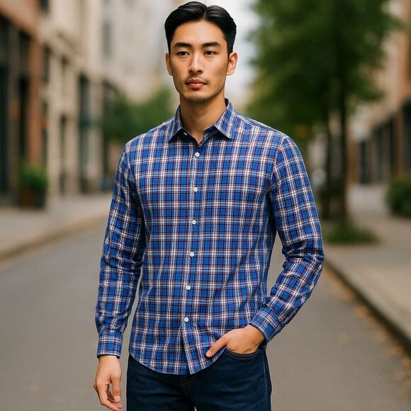 Tommy Hilfiger Men’s Button-down Blue Red Plaid Dress Shirt 15 1/2 32-33 - Picture 1 of 8